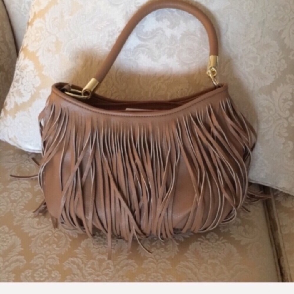 NEW tan purse fringe, zipper closure, rear pocket